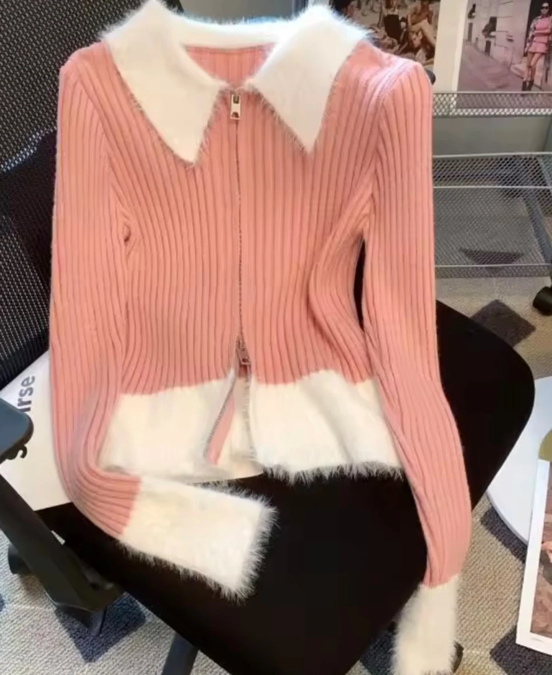 Rosa ribbad topp lång ärmar  - 2