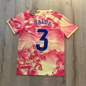 Barcelona Dri-Fit fotbollströja Balde - Barcelona Dri-Fit fotbollströja med Balde och nummer 3 på ryggen. Tröjan har ett unikt mönster i rosa och gul med inslag av röd, samt blå detaljer. Kortärmad modell med rund hals, FCB-emblem och Nike-logga på bröstet. Materialet är lätt och andas, perfekt för träning.