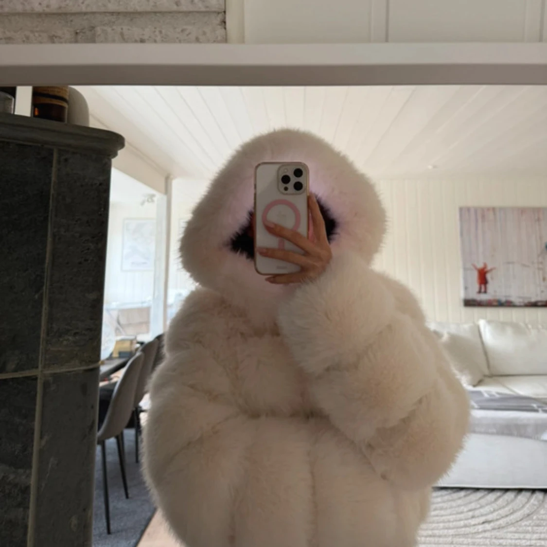 Fluffig vit pälsjacka med huva - 3