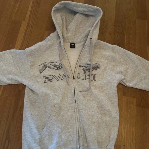 Grå hoodie från bvaldi  - Grå zip-hoodie från Bvaldi med strassdetaljer på bröstet som bildar två händer och texten 'BVALDI'. Tröjan har huva med snörning, fickor fram och långa ärmar. Perfekt för dig som gillar coola detaljer och streetstyle. NY PRIS 1100kr
