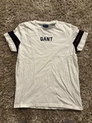 Vit GANT t-shirt med tryck - Vit t-shirt från GANT med svart tryck på bröstet och coola ränder i svart och rött på ärmarna. Klassisk rund halsringning och korta ärmar i storlek S.Perfekt för en avslappnad och stilren look. Skriv vid funderingar🙏