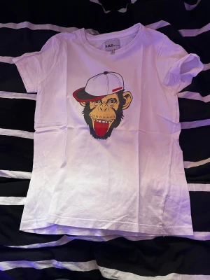 Vit t-shirt med apa från D.M.D - Cool vit t-shirt från D.M.D med tryck av en apa som har keps och sticker ut tungan. T-shirten har rund hals och korta ärmar, perfekt för dig som gillar streetstyle och grafiska prints. Materialet är mjuk bomull som känns skönt mot huden.