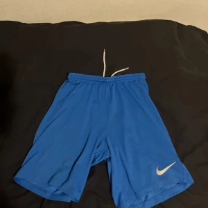 Blå Nike Dri-Fit träningsshorts - Säljer ett par blå Nike Dri-Fit shorts med vit logga på benet. De har elastisk midja med snörning och är gjorda i lätt polyester som andas. Perfekta för sport eller gym, med loose passform och klassisk look.