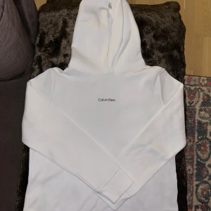 Vit hoodie från Calvin Klein - Säljer en stilren vit hoodie från Calvin Klein i storlek XS. Den är supermjuk och perfekt för både mysiga hemmakvällar och en casual dag ute. Hoodien har en klassisk passform med långa ärmar och en bekväm huva. Perfekt för alla säsonger! 🖤