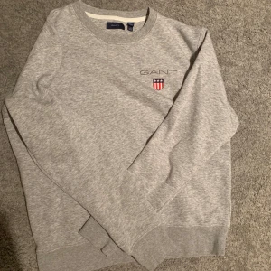 Grå sweatshirt från GANT - Säljer en stilren grå sweatshirt från GANT med broderad logga och emblem på bröstet. Tröjan har långa ärmar och ribbade muddar vid ärmslut och nederkant. Perfekt för en avslappnad stil. Den är i storlek 170cm.