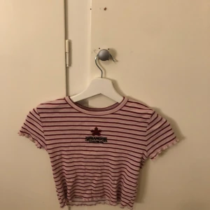 Randig croppad topp från H&M x Netflix - Säljer en randig croppad topp från H&M i samarbete med Netflix. Toppen har korta ärmar och ett broderat motiv framtill. Perfekt för en avslappnad stil.