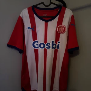 Röd och vit randig fotbollströja från Puma - Säljer en snygg fotbollströja från Puma i rött och vitt med randigt mönster. Den har korta ärmar och ett tryck av Gosbi på framsidan. Perfekt för fotbollsfans som vill ha en stilren look på matchdagen! självklart äkta nypris 1199 mitt pris 329