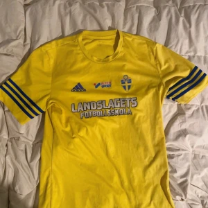 Gul fotbollströja från Adidas - Säljer en gul fotbollströja från Adidas med blå detaljer och texten 'Landslagets Fotbollsskola' på framsidan. Tröjan har korta ärmar med tre blå ränder och en rund halsringning. Perfekt för fotbollsträning eller som supportertröja.
