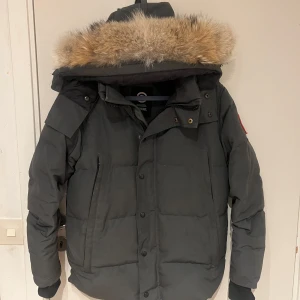 CANADA GOOSE JACKA - Säljer en stilren grå dunjacka från Canada Goose med avtagbar huva och pälsdetalj. Jackan har en klassisk design med knappar och dragkedja framtill samt en ikonisk logga på ärmen. Perfekt för kalla vinterdagar.