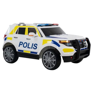 Vit leksakspolisbil med blå och gula detaljer - Cool leksakspolisbil i vitt med blå och gula detaljer. Bilen har realistiska dekaler och en robust design med stora hjul. Perfekt för små poliser som vill patrullera i hemmet eller ute. Är oöppnad me allting kvar.