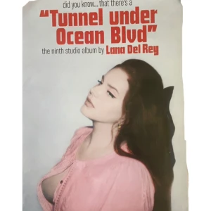 Lana del rey poster - Lana del Rey poster från albumet “did you know that there is a tunnel under the ocean blvd” köpt från bengans och går inte längre att köpa, har sålt en tidigare och säljer nu dyrare eftersom jag bara har en kvar. Lite skrynklig som visas i bilderna🎀❤️