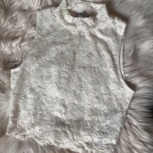 Vit spetslinne - Ett snyggt vitt spetslinne med hög hals och ärmlös design. Toppen är croppad med fina spetsdetaljer längs nederkanten🤍🤍