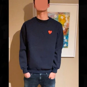 CDG tröja - Tja! Säljer denna sjukt snygga comme des garçons tröjan som är i utmärkt skick. Tröjan är i storlek L och i en fin navy färg. Tvättlappen är bortklippt men utöver det är tröjan fläckfri! Hör av er vid frågor! 