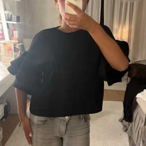 Svart topp med volangärmar - Säljer en svart topp med volangärmar. Perfekt för både vardag och fest! Den har en normal passform. Toppen är enkel att matcha med både jeans och kjol. 