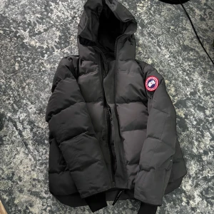 Grå Canada Goose jacks - Säljer en grå dunjacka från Canada Goose med huva och dragkedja. Jackan har en klassisk pufferdesign och en logotyp på ärmen. Perfekt för kalla dagar.