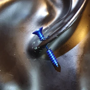 Örhänge - Skruv blå metallic - Ett örhänge i form av en skruv i blå metallic som ser ut att gå genom örat, denna är oanvänd. ✨️✨️✨️Titta igenom alla mina upplagda och köp fler saker i bundle för att spara på frakten och få allt du köpt i ett och samma paket✨️✨️✨️