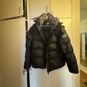 Svart dunjacka från Burberry - Säljer en snygg svart dunjacka från Burberry. Jackan har en klassisk pufferdesign med en avtagbar huva och ett stilrent rutigt mönster på insidan. Perfekt för kyliga dagar.