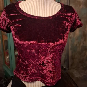 Vinröd sammetstopp från C&H - Säljer en snygg vinröd sammetstopp från C&H, tillverkad i Italien. Toppen har en rund halsringning och korta ärmar, perfekt för en trendig look. Den är i storlek S och har en glansig finish som ger en lyxig känsla.