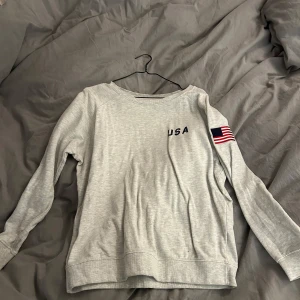 Grå tröja från Iconic Sport lager 157 - Säljer en grå tröja från Iconic Sport med USA-tryck och amerikansk flagga på ärmen. Tröjan har långa ärmar och är tillverkad i ett mjukt material. Perfekt för en avslappnad stil. Nästan aldrig använd. Köparen står för frakten.