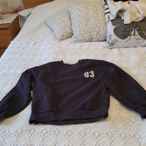Mörkgrå sweatshirt med tryck - Säljer en mörkgrå sweatshirt. Tröjan har långa ärmar och ribbade muddar vid ärmslut och nederkant. Perfekt för en avslappnad stil.