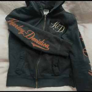 Svart hoodie från Harley-Davidson - Säljer en svart hoodie från Harley-Davidson med tryck i orange på ärmarna och ryggen. Hoodien har dragkedja och en klassisk passform med långa ärmar. Pris kan alltid diskutera pris 