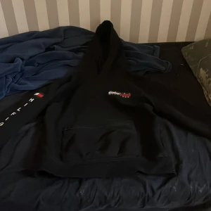 Svart hoodie från Tommy Hilfiger - Snygg svart hoodie från Tommy Hilfiger med en stor expedition-tryck på ryggen och mindre logga på bröstet. Perfekt för en casual look med en touch av äventyrskänsla. Den är size 164 för barn som är xl för barn 