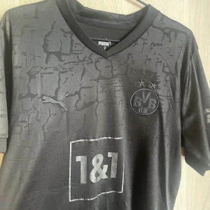 Svart Dortmund fotbollströja från Puma - Säljer en snygg svart Dortmund fotbollströja från Puma. Tröjan har korta ärmar och ett coolt mönster i tyget. På framsidan finns BVB-loggan och sponsorloggan 1&1. På baksidan står det 'DORTMUND' och 'HAALAND' med nummer 9. Perfekt för alla Dortmund-fans!