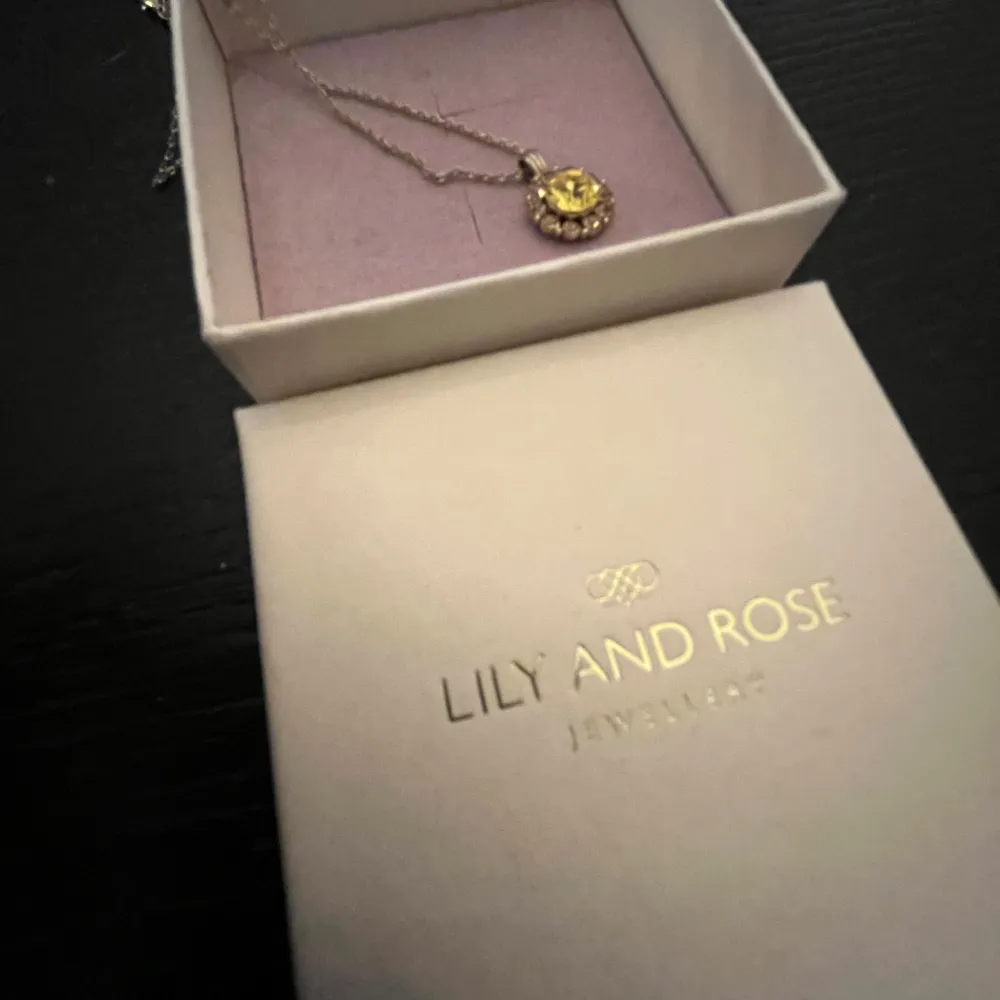Säljer ett elegant guldhalsband från Lily and Rose med en gnistrande gul sten i mitten, omgiven av mindre klara stenar. Perfekt för att lysa upp vilken outfit som helst! Kommer i originalförpackning. ✨. Asusteet.