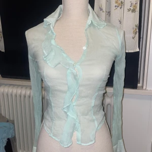 Genomskinlig blus - Har en liten fläck, men ej testat att tvätta den så går säkert bort i tvätten. Baksidan av ärmen så syns knappt. Har en turkos färg. 