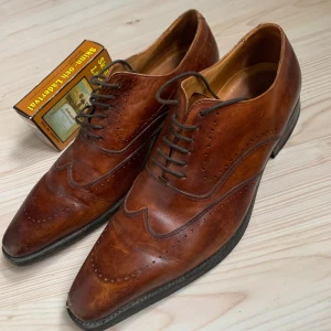 Bruna skinnskor från Bluecut str 43 - Snygga bruna skinnskor från Bluecut i mycket bra skick. De har klassisk snörning och stilrena detaljer som ger en elegant look. Perfekta för både formella tillfällen och vardagsbruk. Skorna har en fin glans och är bekväma att bära.