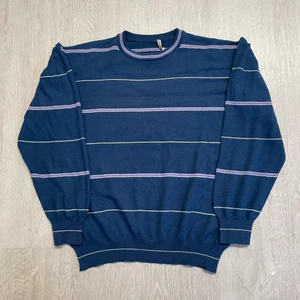 randig sweatshirt - Blå och lila randig stickad tröja i uppskattad strl L. Passar bra som oversize om man har mindre strl :) 66 kr spårbar frakt.  Skicka meddelande vid frågor/fler bilder!  Notera att små defekter kan finnas då den inte är ny. Större brister nämns tydligt i annonsen/visas på bild. OBS! Bud är bindande!!!!!!! 