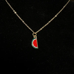 Halsband, vattenmelon  - Halsband i rostfritt stål med guldplätterad emaljerad berlock, vattenmelon🍉 Fri frakt✨