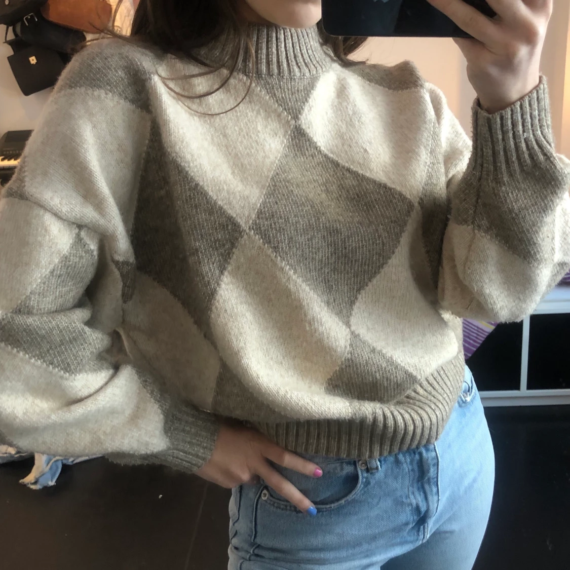 rutig stickad tröja - 91