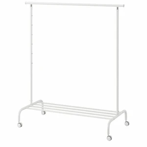 Klädställning - RIGGA klädställning, vit från IKEA                               Höjden på klädställningen går att ställa om, som lägst blir den 126cm och som högst 175cm                             Den är 111cm bred och 51cm djup            Belastningsvikten är 35kg                                                        Kan hämtas i Västerås