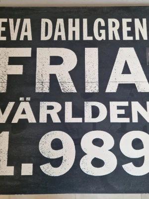 LP Eva Dahlgren Fria Världen 1989 - Vinylskiva med albumet 'Fria Världen 1989' av Eva Dahlgren. Omslaget är svart med stora vita bokstäver och ett svartvitt foto på baksidan. Perfekt för dig som gillar svensk pop och samlar på LP-skivor.