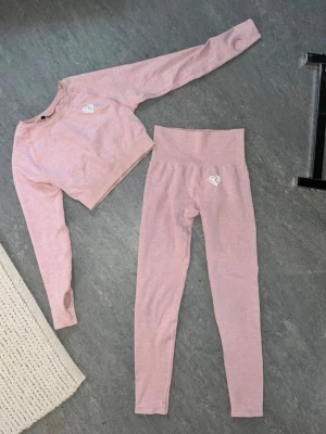 Rosa sömlöst träningsset från womens best  - Säljer ett rosa sömlöst träningsset från womens best med långärmad crop top och höga tights. Setet har diskret logga på både tröja och byxa, tumhål i ärmarna och stretchigt material som sitter skönt på kroppen. Perfekt för gymmet eller yoga.