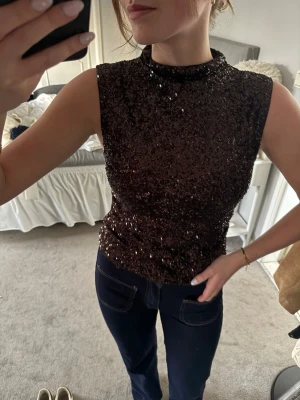 Brun glittrig ärmlös topp - Supersnygg brun ärmlös topp med glittriga paljetter och hög hals. Perfekt för att sticka ut och ge outfiten extra edge. Sitter tight och har en modern, stilren look som passar till jeans eller kjol.