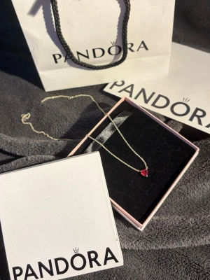 Pandora halsband med röd hjärtberlock - Ett elegant halsband från Pandora med en tunn kedja i silverfärg och en röd hjärtformad berlock. Kommer i originalask och presentpåse från Pandora. 