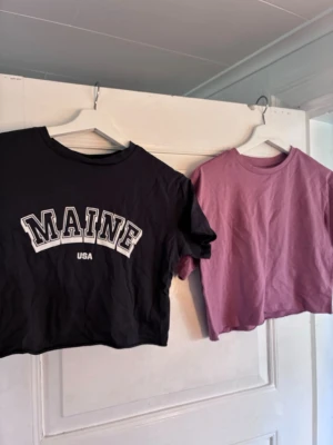2st croppade tröjor för flickor - 2st croppade t-shirts. En svart T-shirt med vit text 'MAINE USA' på bröstet. Och en enfärgad rosa. Klassisk rund halsringning och korta ärmar på både och. Perfekt för en avslappnad och trendig look.