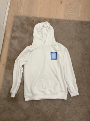 Vit hoodie från Casablanca - Snygg vit hoodie från Casablanca med blått grafiskt tryck på bröstet och ryggen. Hoodien har klassisk huva och känguruficka framtill. Perfekt för dig som gillar stilrena plagg med en twist. Materialet känns mjukt och skönt mot huden.