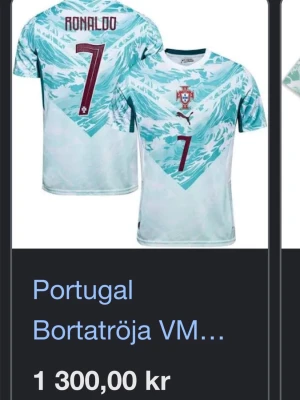 Portugal bortatröja VM Ronaldo Puma - Portugal bortatröja från VM 2026 med Ronaldo och nummer 7. Tröjan är ljusblå med turkosa mönster och har Portugal-emblemet på bröstet. Perfekt nu inför sommaren. NYPRIS 1300. Säljer för 700 men PRIS KAN DISKUTERAS 