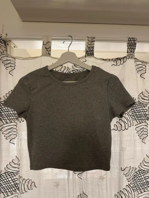 Grå croppad t-shirt - En enkel och stilren mörkgrå croppad t-shirt med rund halsringning och korta ärmar. Perfekt till jeans eller kjol för en avslappnad look. Tillverkad i mjuk bomull för skön känsla hela dagen.