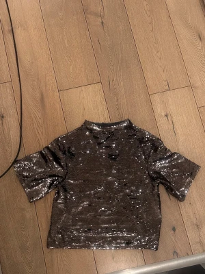 Glittrig silver paljettopp från hm - Säljer en glittrig topp täckt med silverfärgade paljetter. Toppen har korta ärmar, boxig passform och hög hals. Perfekt för dig som vill sticka ut och glänsa lite extra. Matcha med jeans eller kjol för en trendig look.