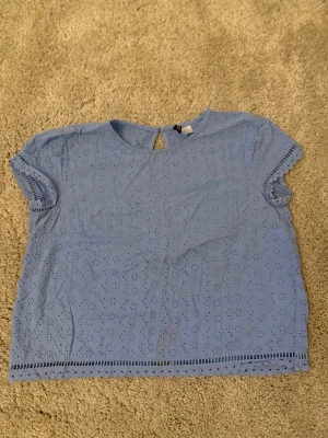 Blå broderad blus med knappar - Söt ljusblå blus från H&M med korta ärmar och broderade detaljer. Blusen har knappar i ryggen. Superfin rak passform