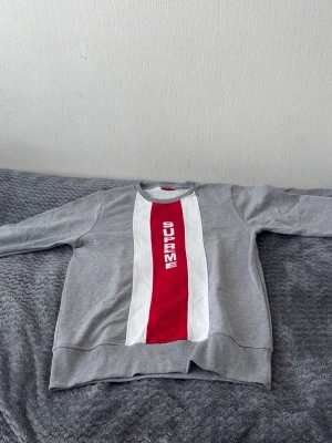 Grå Supreme sweatshirt med röd detalj - Supersnygg grå sweatshirt från Supreme med en bred röd rand och vita kanter längs mitten framtill. Tröjan har Supreme-loggan tryckt vertikalt på bröstet och ribbade muddar vid ärmar och nederkant. Perfekt för en streetwear-look.