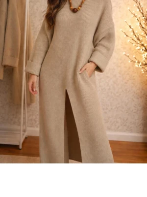 Beige  stickad långklänning - Elegant och bekväm lång stickad klänning i mjuk akryl. Klänningen har en matchande stickad underkjol som ger ett fint fall och extra komfort. Perfekt både till vardag och mer uppklädda tillfällen beroende på hur du stylar den. Skön, varm och följsam. Tidlös design som aldrig går ur stil. Tillverkad i Turkiet. Finns i tre färger: beige, brun och vinröd se mindre