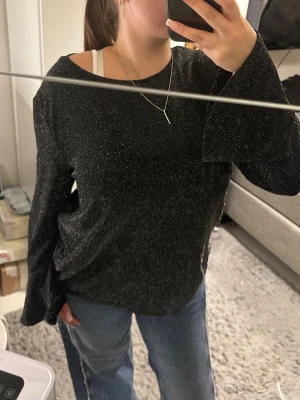 Svart glittrig långärmad topp - Snygg svart topp med glittrigt tyg och långa ärmar. Toppen har en rak passform och rund halsringning, perfekt för dig som vill sticka ut lite extra. Passar till både jeans och kjol för en trendig look.