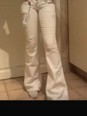 Vita bootcut jeans med slitningar - Säljer ett par vita bootcut jeans med slitningar på låret och knät. Jeansen har hög midja och klassisk femficksdesign. Perfekta för dig som vill ha en trendig och avslappnad look.