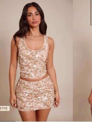 Beige paljettlinnetopp - Säljer ni mitt fina sett som består av en kort kjol och en topp, båda är i storlek 2 som motsvarar xs/s💕 kan skicka bilder hur de sitter på mig om man är intresserad, pris går att diskuteras💕har aldrig använt kjolen och toppen en gång på jul