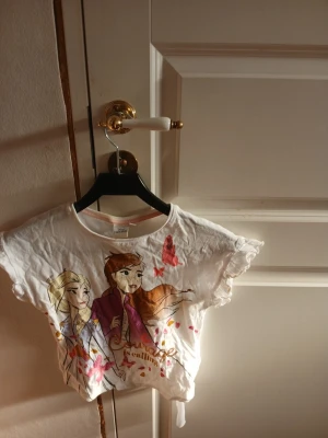 Vit croppad t-shirt med Elsa och anna tryck - Säljer en vit croppad t-shirt med färgglatt tryck av tecknade figurer (Elsa och Anna från frost)och fjärilar på framsidan. T-shirten har korta ärmar och rund hals. Perfekt för dig som gillar lekfulla motiv och en avslappnad stil.